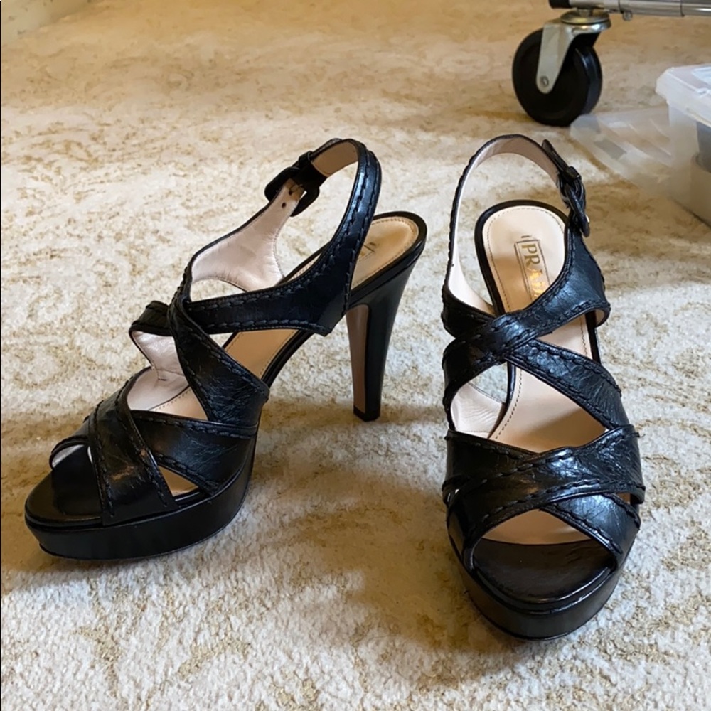 Prada Leather Strappy Platform Heels in Black
